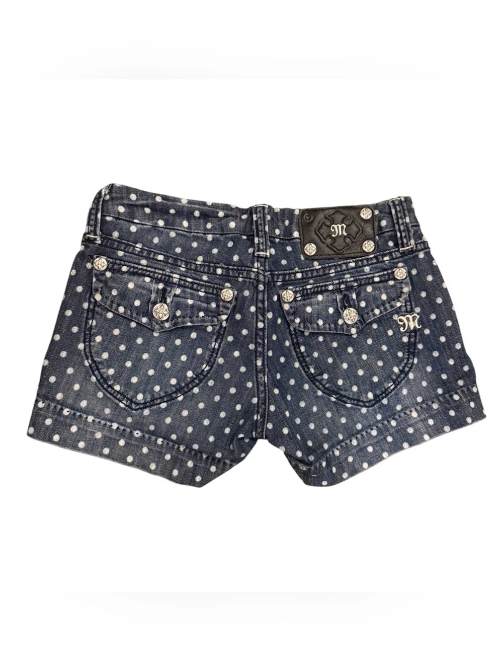 Miss Me Dark Blue Polka Dot Denim Shorts 26 - Picture 2 of 5